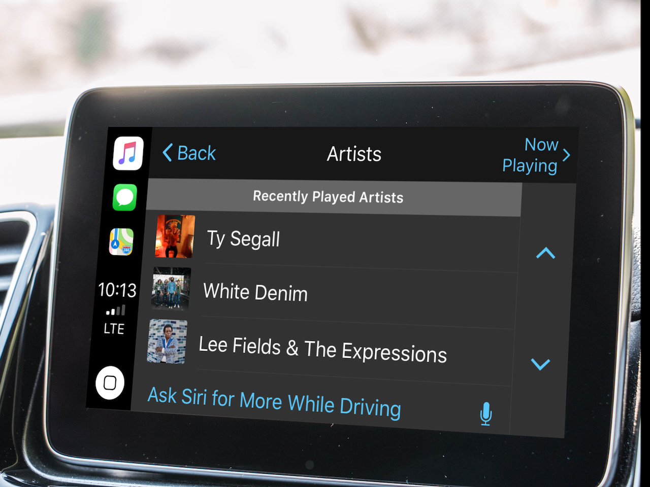 Limited music list with "scoped Siri" button