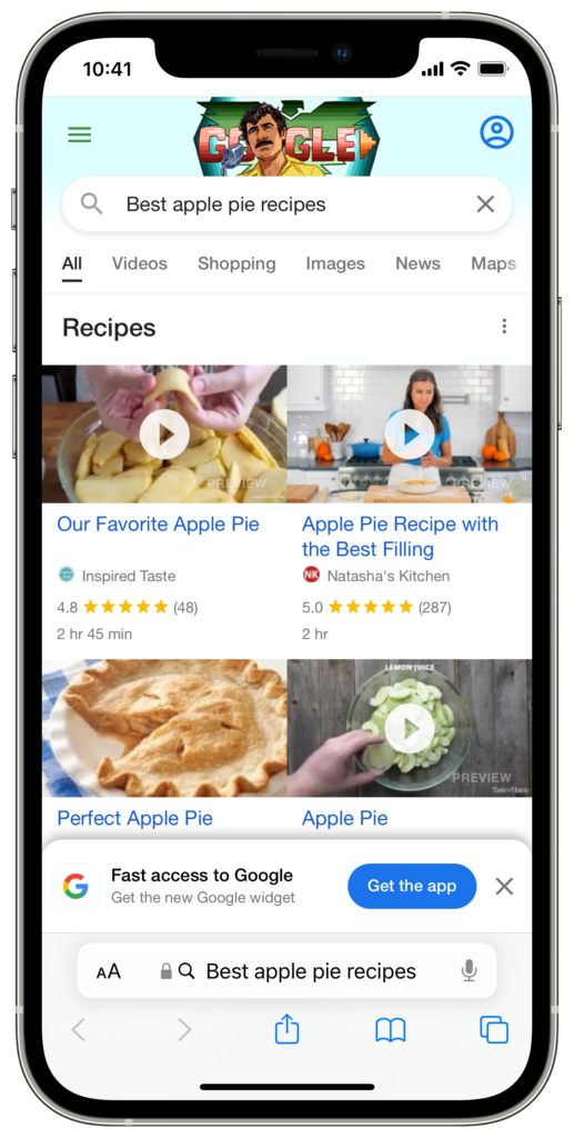 Safari Voice Search: query result for apple pie