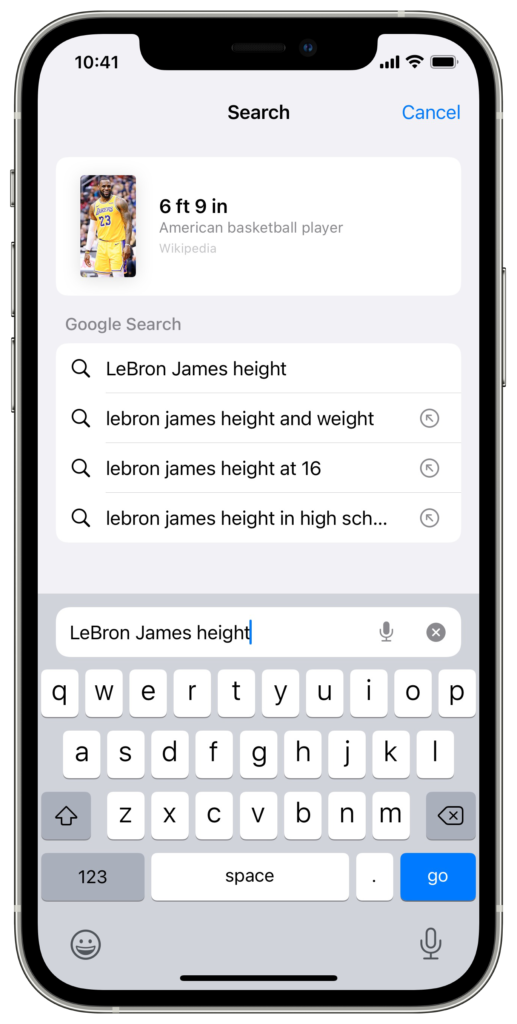 Safari Voice Search: query result for LeBron James height